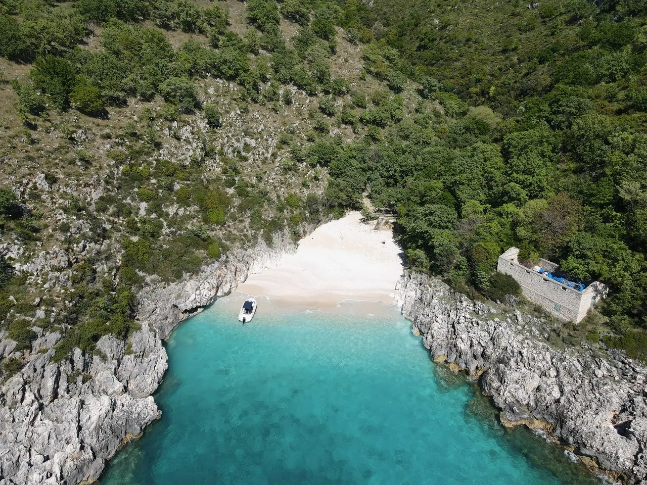 Aerial view of the pebble beach at Saint Andrew Bay